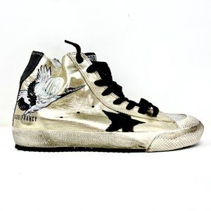 Golden Goose High Top Gold Leather Hand Painted Sneakers Size 40 US 10